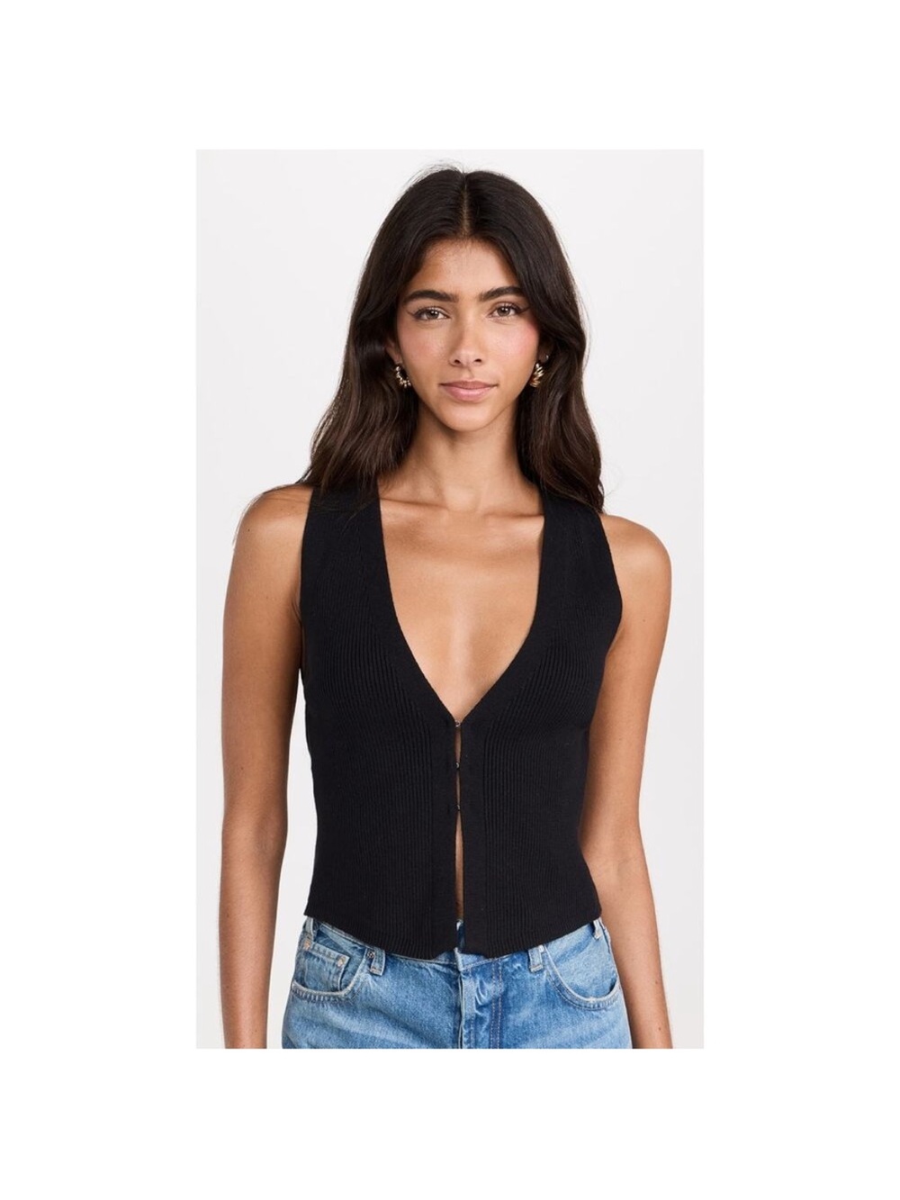 Reformation Black Ribbed V-Neck Button Tank - Picture 3 of 6